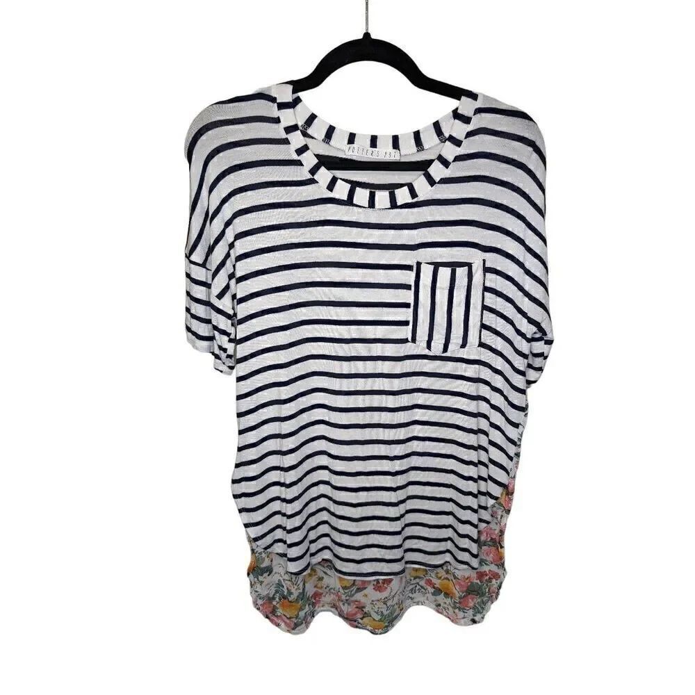 Potter's Pot Short Sleeves Striped Shirt with Floral Print Back Women's Size Med